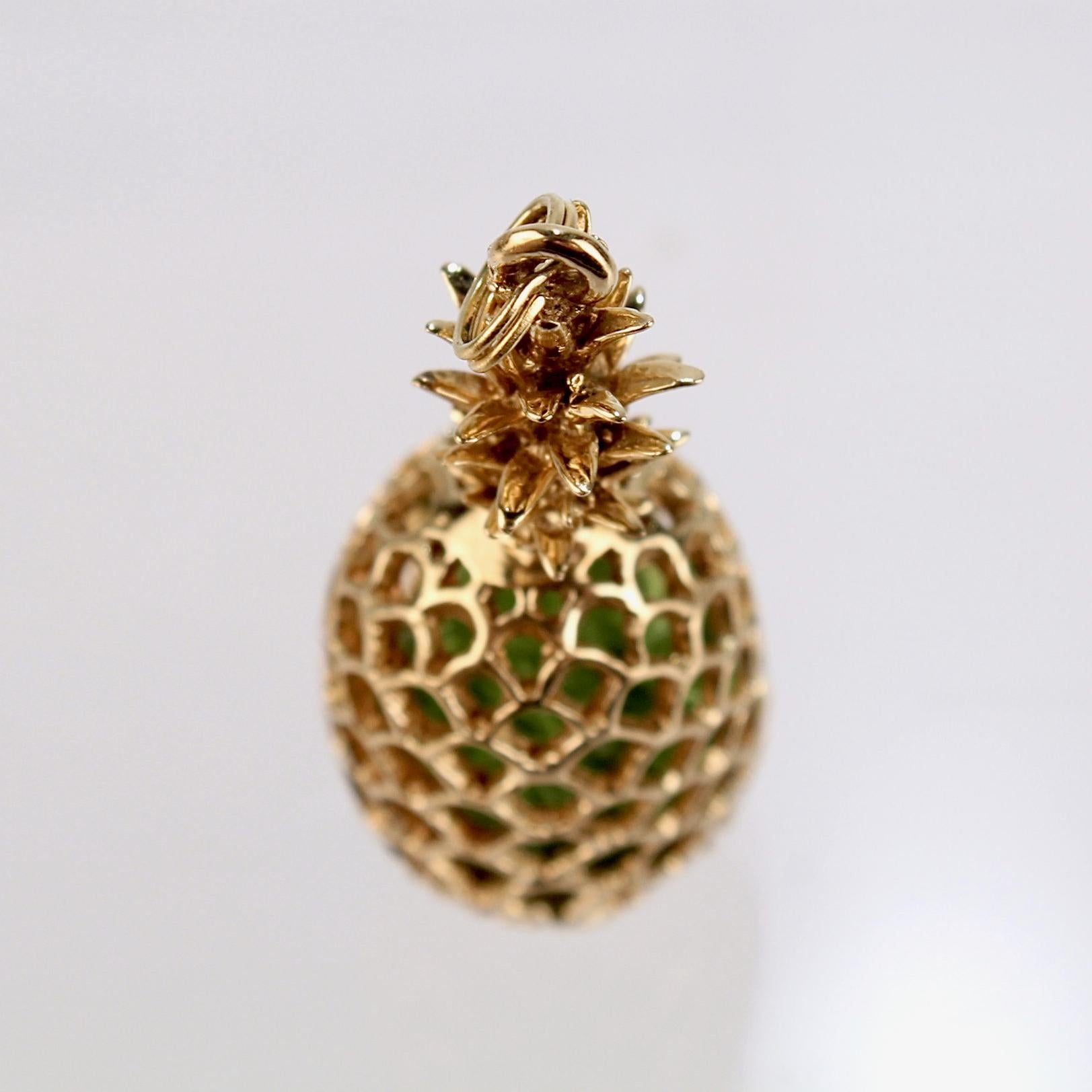 Women's or Men's Retro Na Hoku / Edward Sultan 14k Gold & Emerald Pineapple Charm or Pendant  For Sale