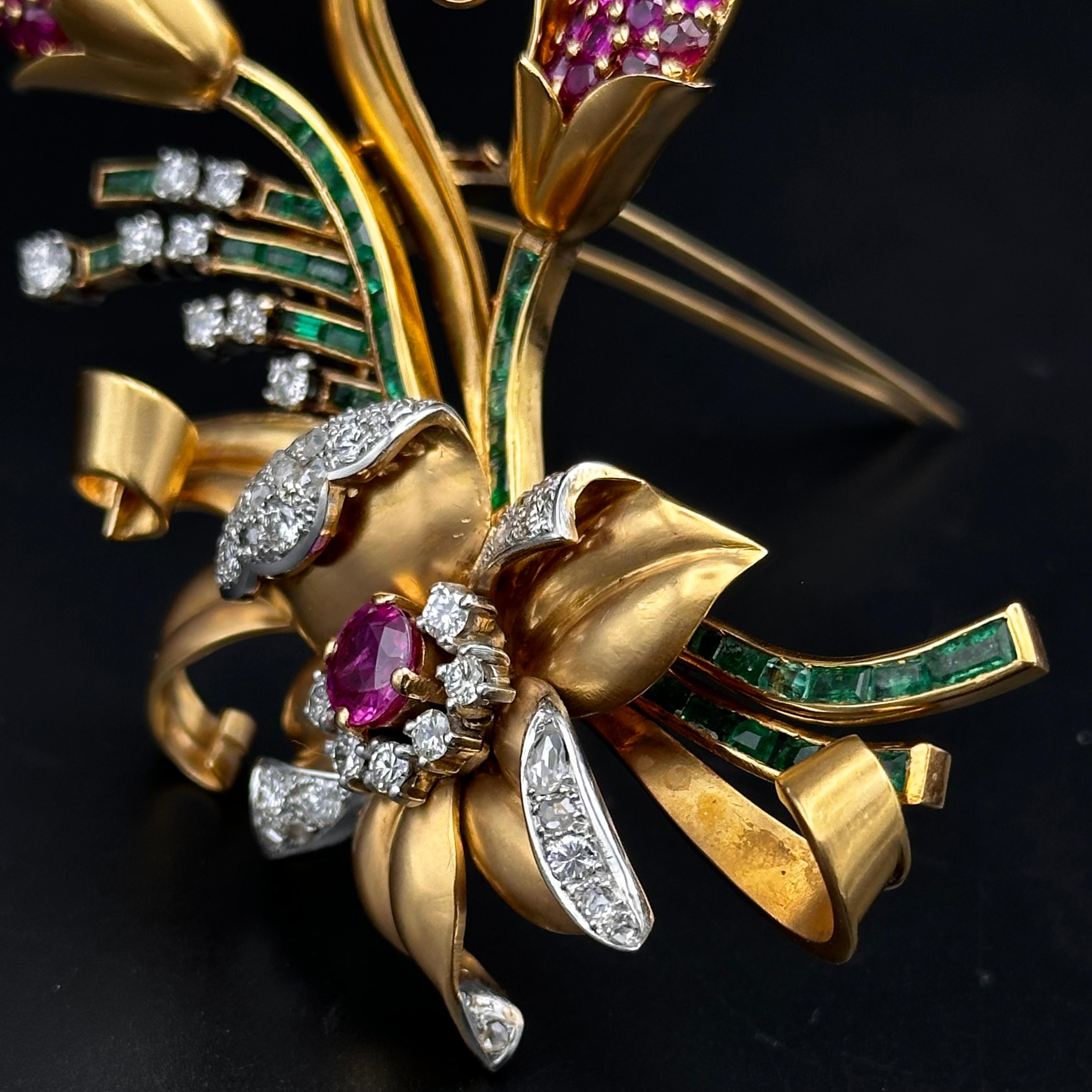 Retro Natural Burmese Ruby Emerald Diamond Floral Bouquet Brooch Rose Gold 1940s For Sale 1
