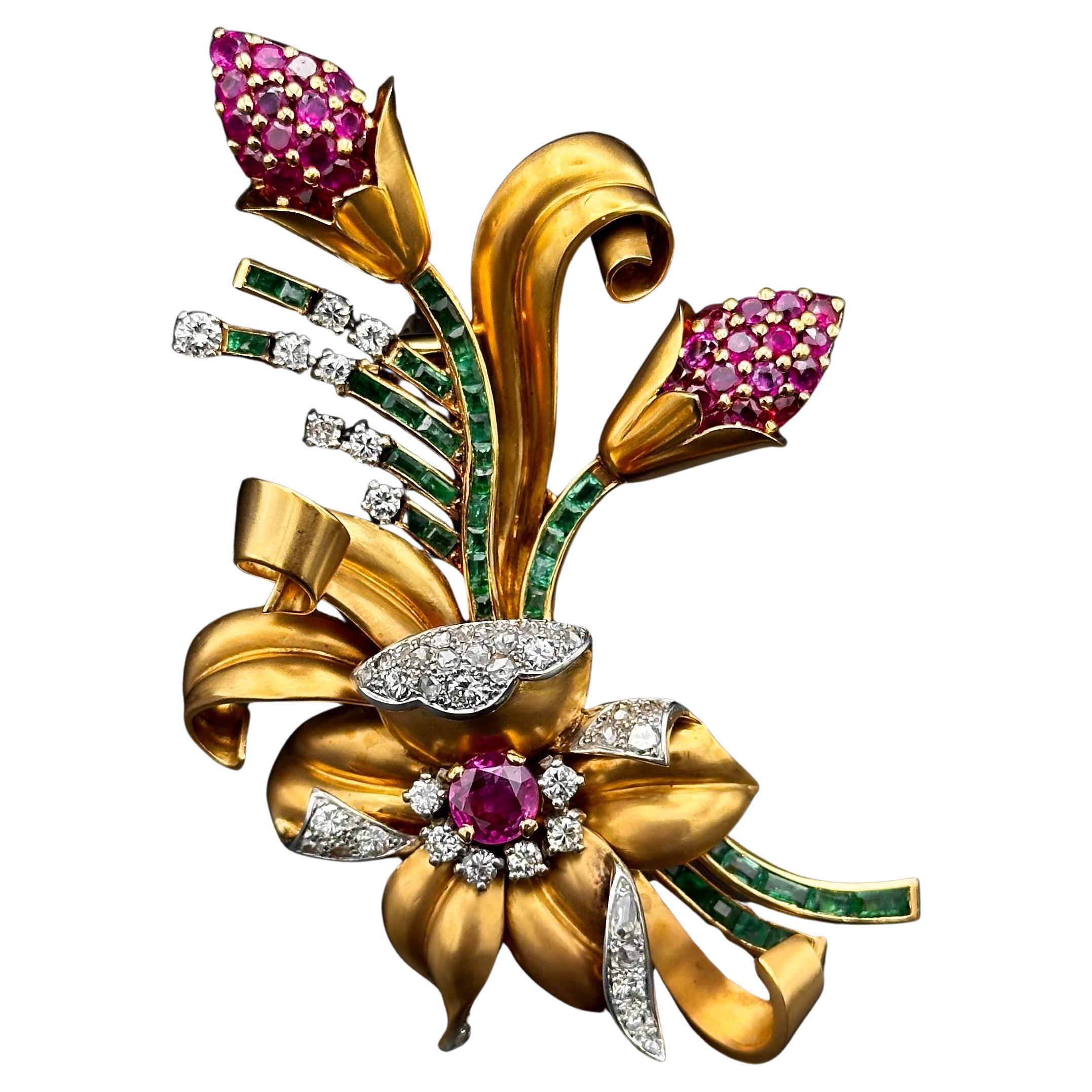 Retro Natural Burmese Ruby Emerald Diamond Floral Bouquet Brooch Rose Gold 1940s For Sale