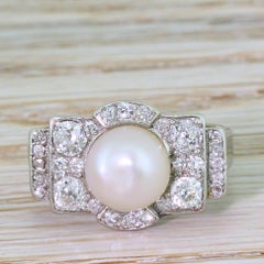 Retro Natural Pearl and 1.18 Carat Old Cut Diamond Cluster Ring
