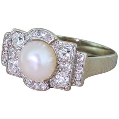 Retro Natural Pearl and 1.18 Carat Old Cut Diamond Cluster Ring