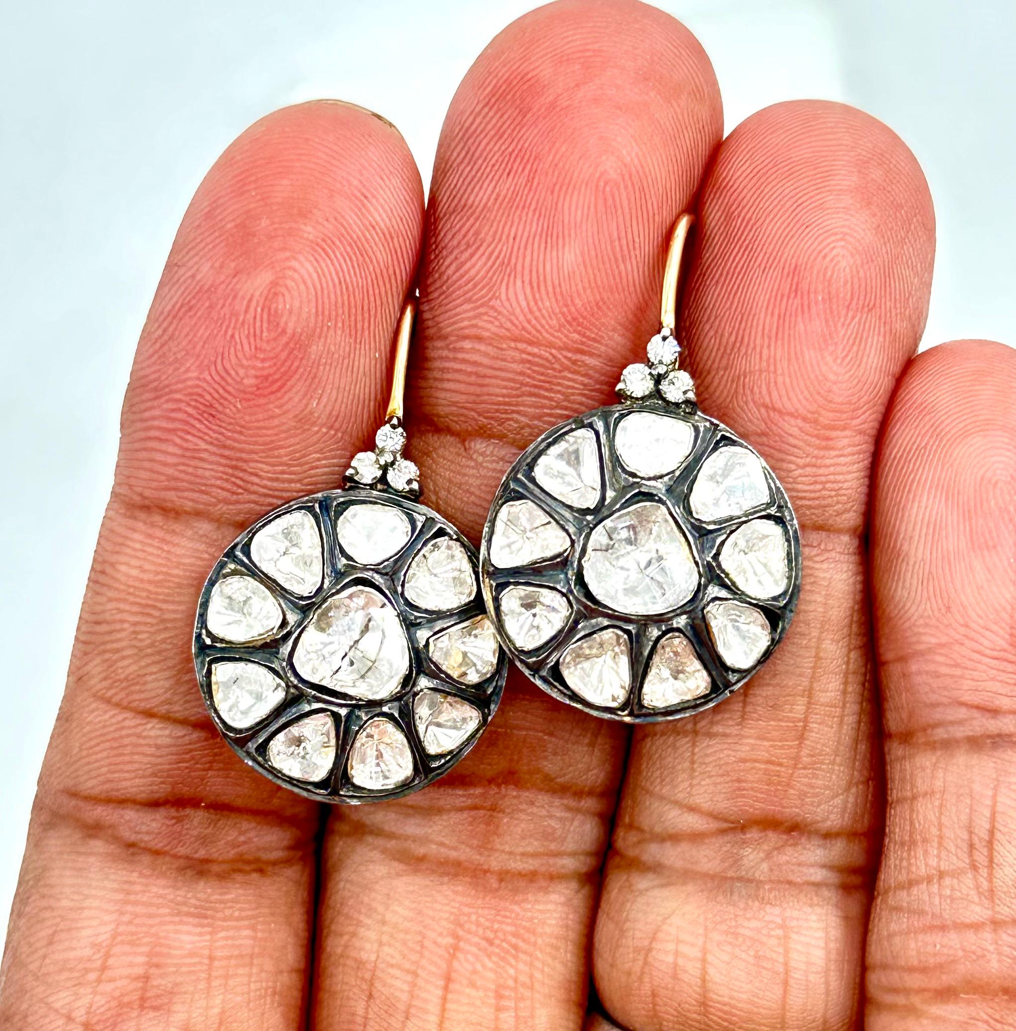 Uncut Retro Natural uncut diamonds solid gold sterling silver disc wire earrings  For Sale