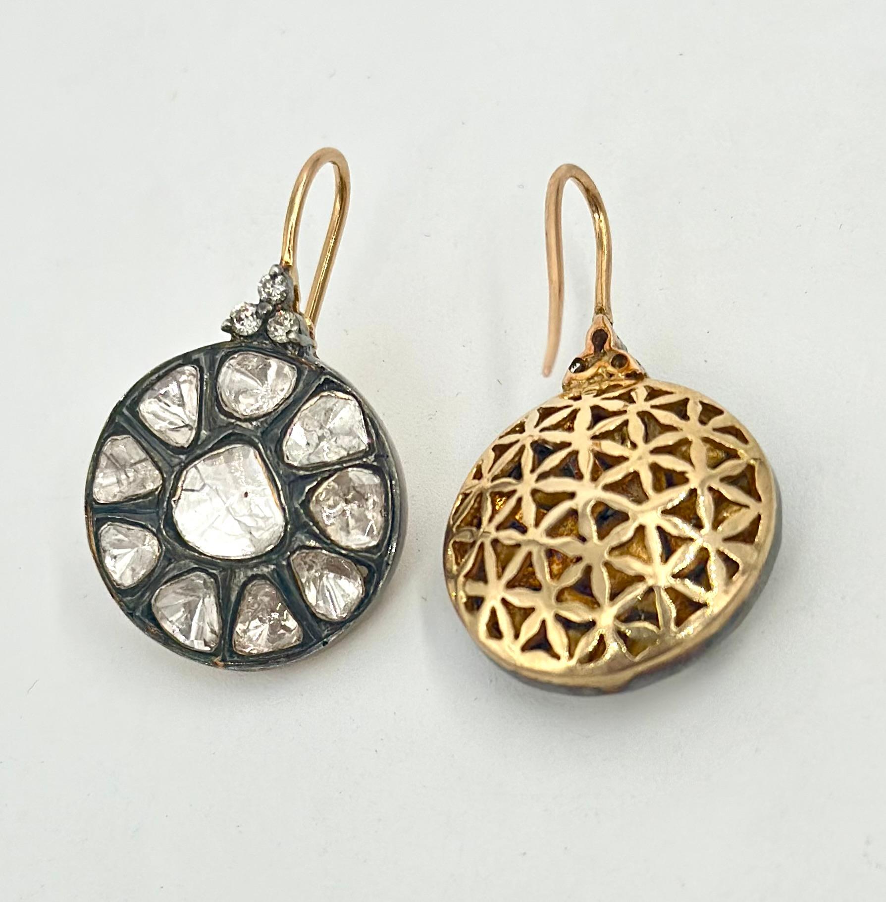 Retro Natural uncut diamonds solid gold sterling silver disc wire earrings  In New Condition For Sale In Delhi, DL
