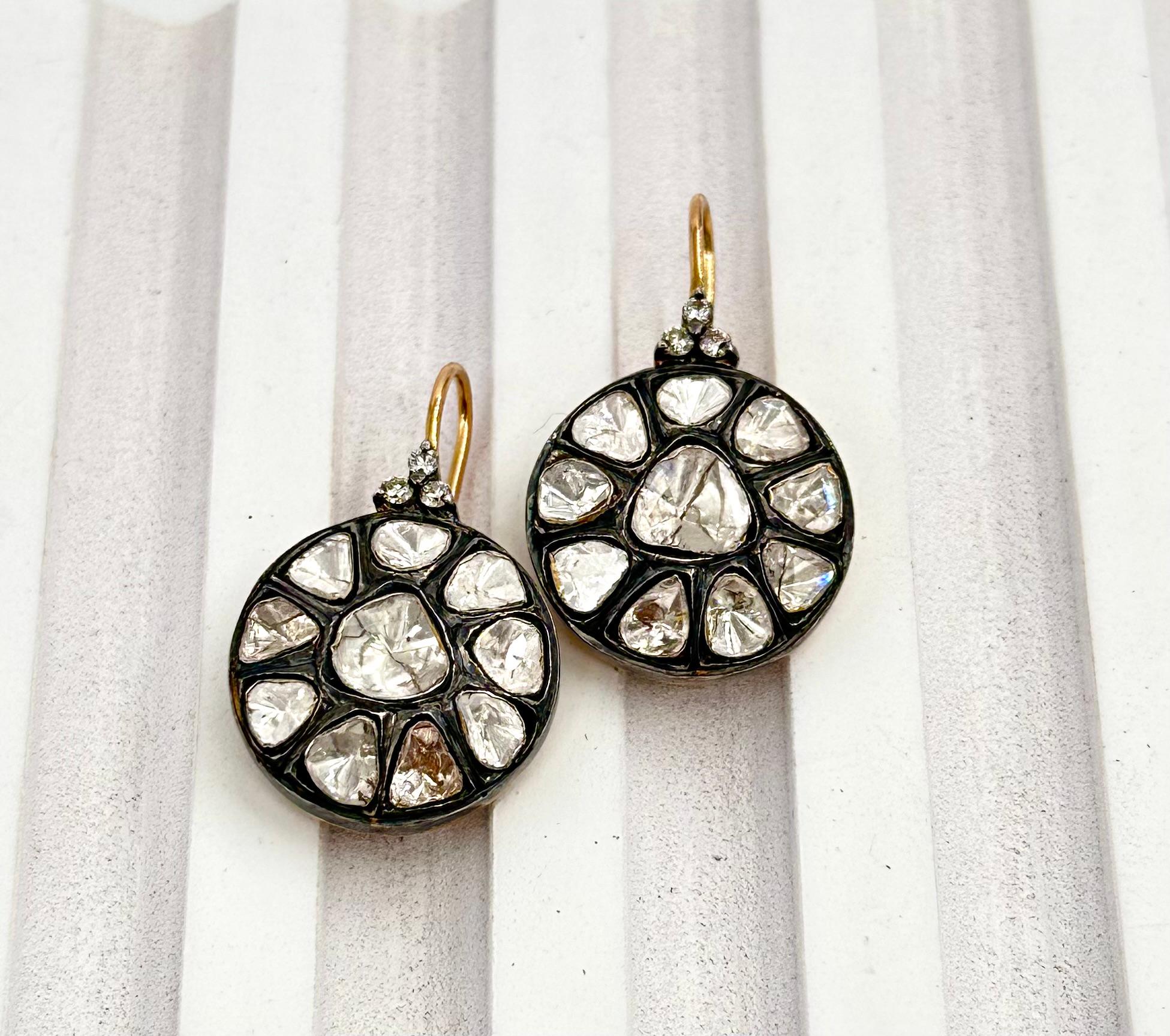 Women's Retro Natural uncut diamonds solid gold sterling silver disc wire earrings  For Sale