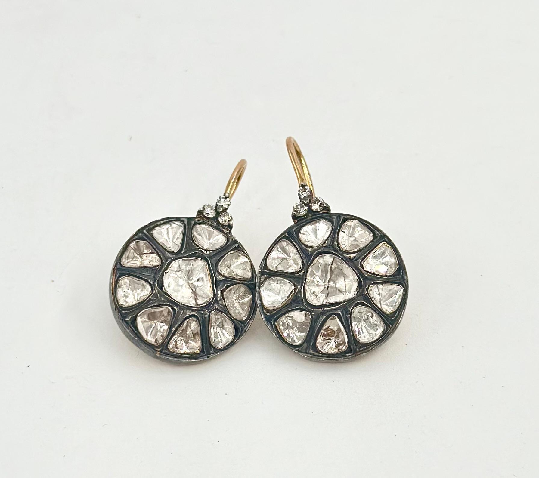 Retro Natural uncut diamonds solid gold sterling silver disc wire earrings  For Sale 2