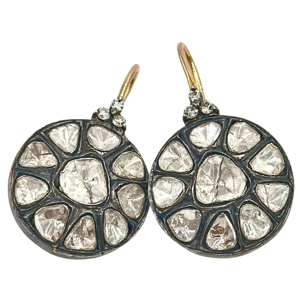 Retro Natural uncut diamonds solid gold sterling silver disc wire earrings  For Sale