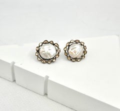 Retro Natural uncut diamonds sterling silver baroque pearl stud earrings