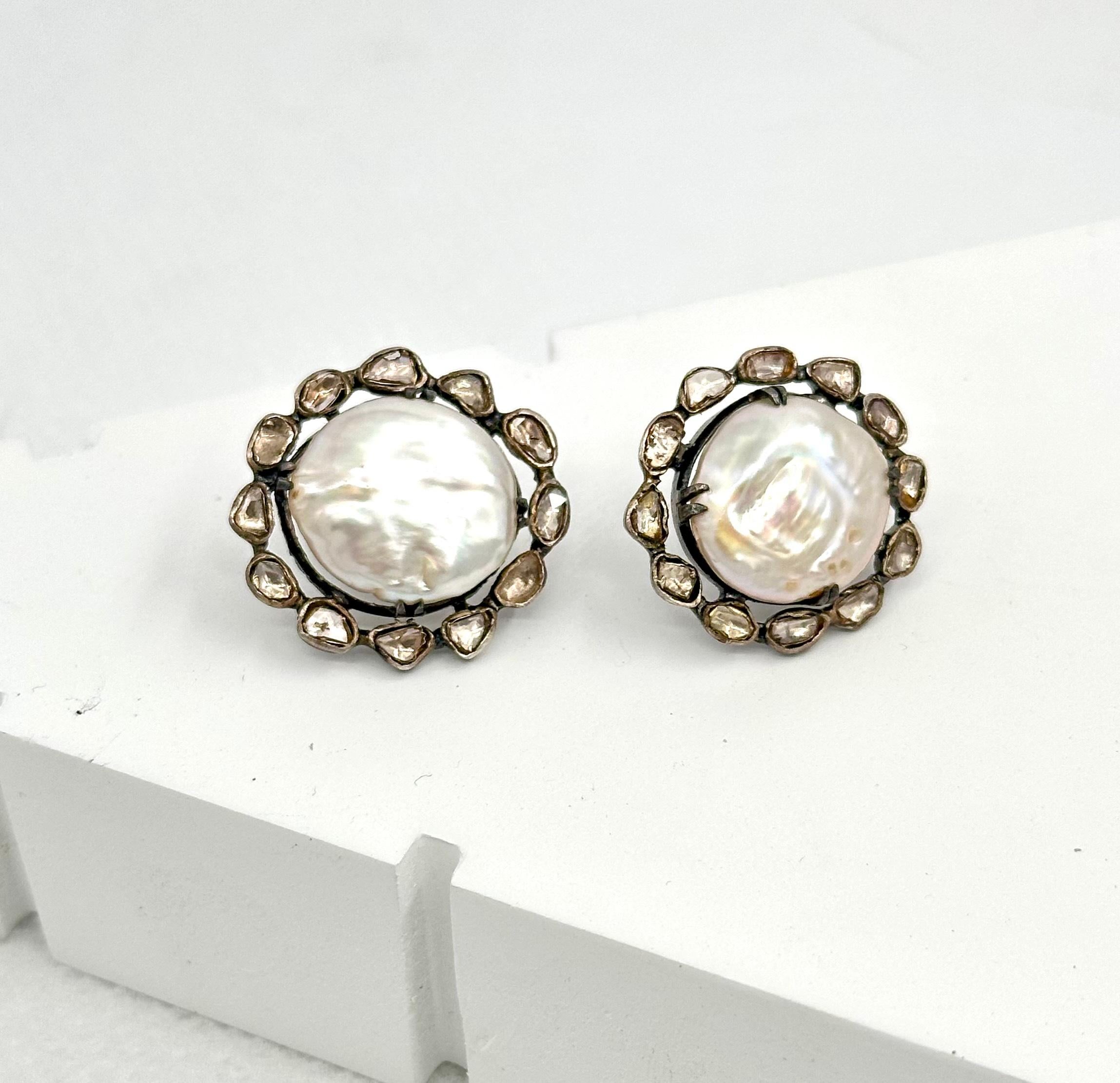 Round Cut Retro Natural uncut diamonds sterling silver baroque pearl stud earrings For Sale