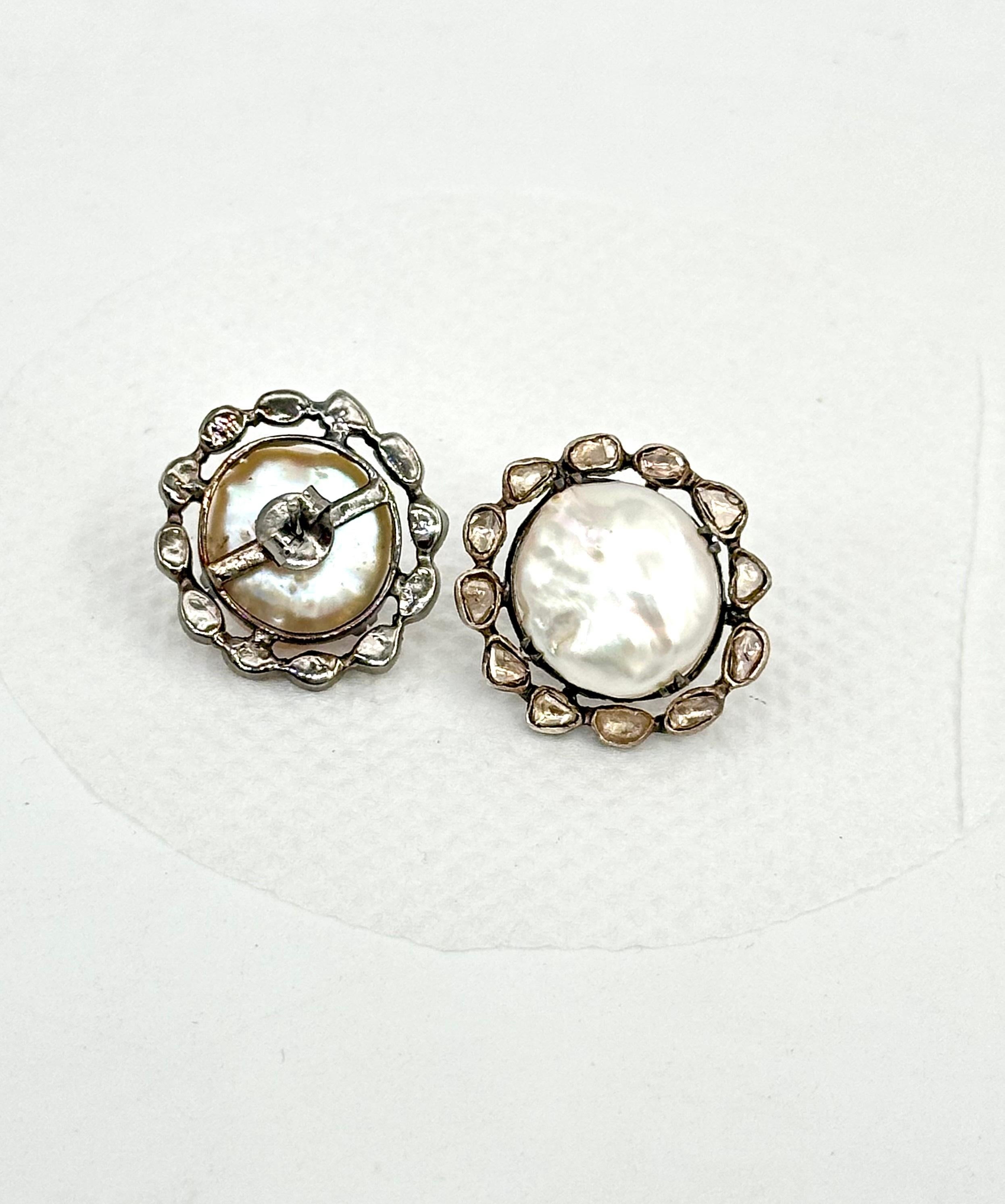 Women's or Men's Retro Natural uncut diamonds sterling silver baroque pearl stud earrings For Sale