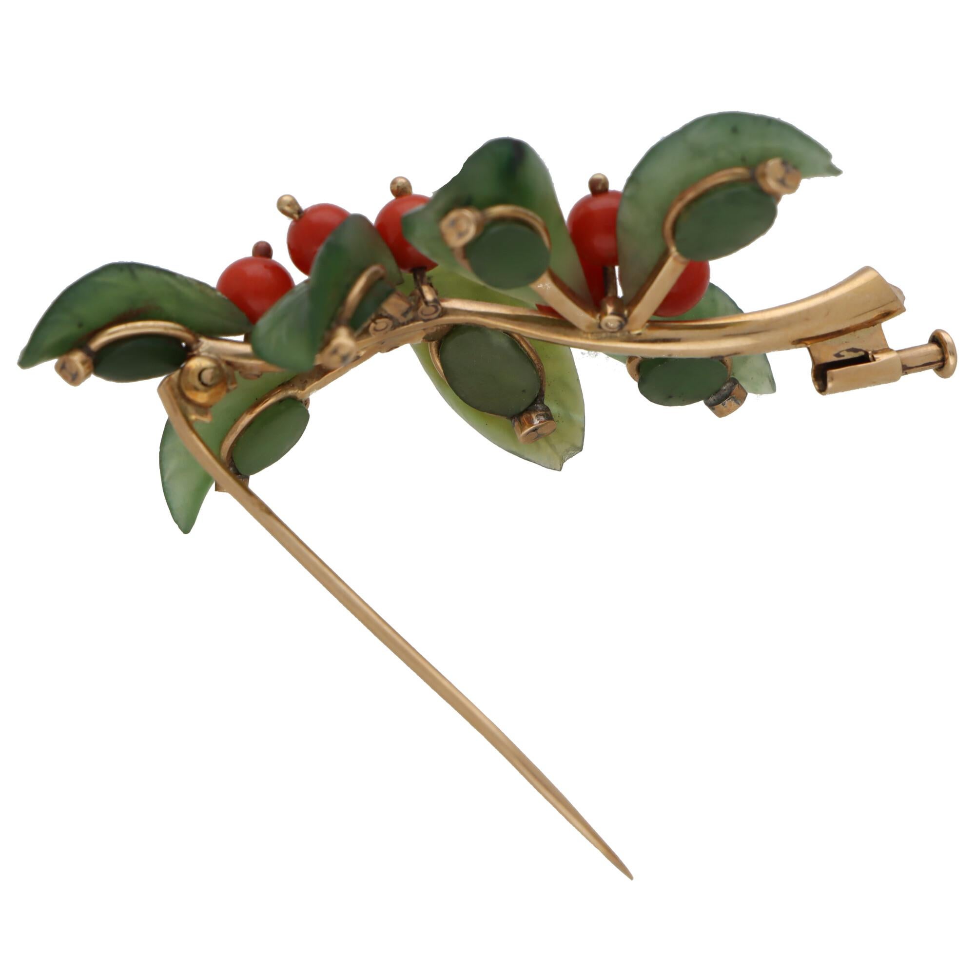 Cabochon Retro Nephrite and Coral Leaf and Berries Brooch Set in 14k Yellow Gold