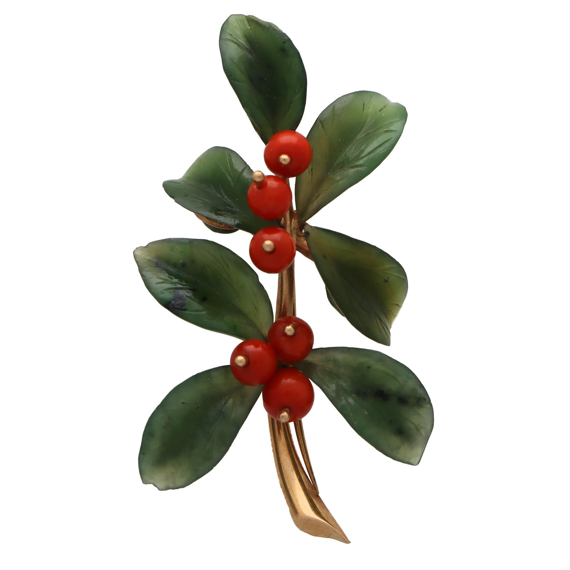 Women's or Men's Retro Nephrite and Coral Leaf and Berries Brooch Set in 14k Yellow Gold