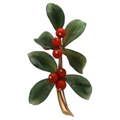 Retro Nephrite and Coral Leaf and Berries Brooch Set in 14k Yellow Gold