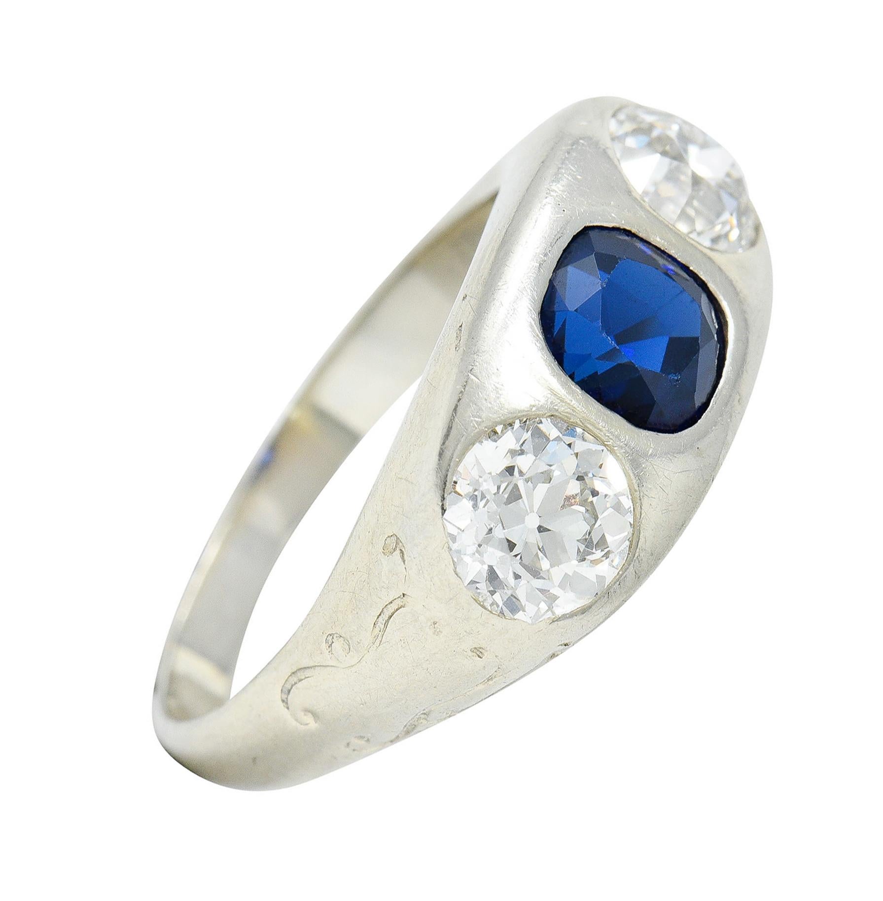 Retro No Heat Sapphire Diamond 18 Karat White Gold Gypsy Unisex Ring GIA 3