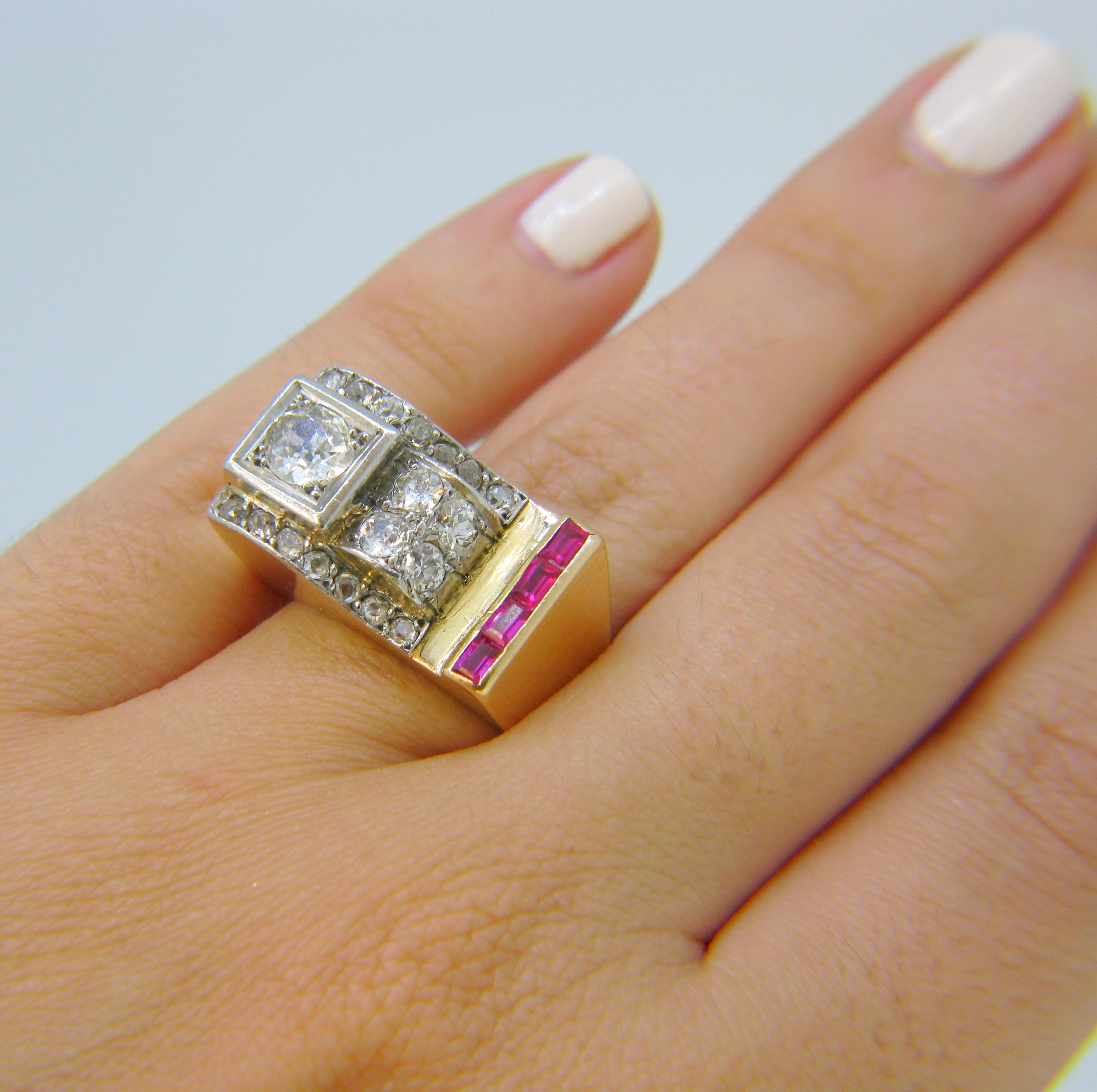 Retro Old Cut Diamonds and Synthetic Rubies Tank Yellow Gold Platinum Ring 2