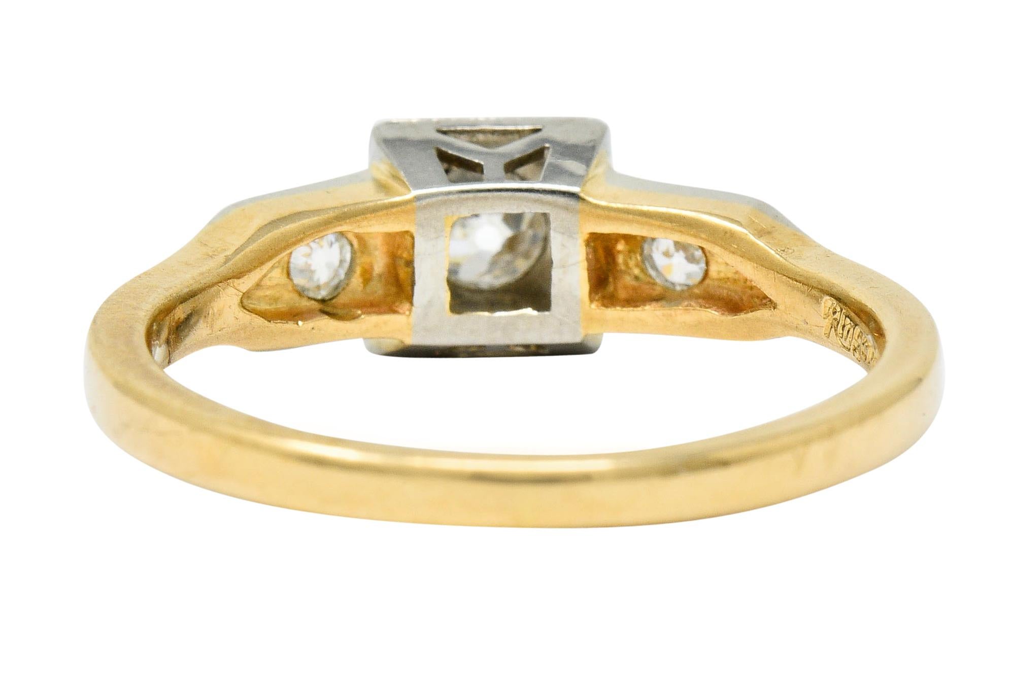 Women's or Men's Retro Old European Cut Diamond 14 Karat Two-Tone Gold Engagement Ring