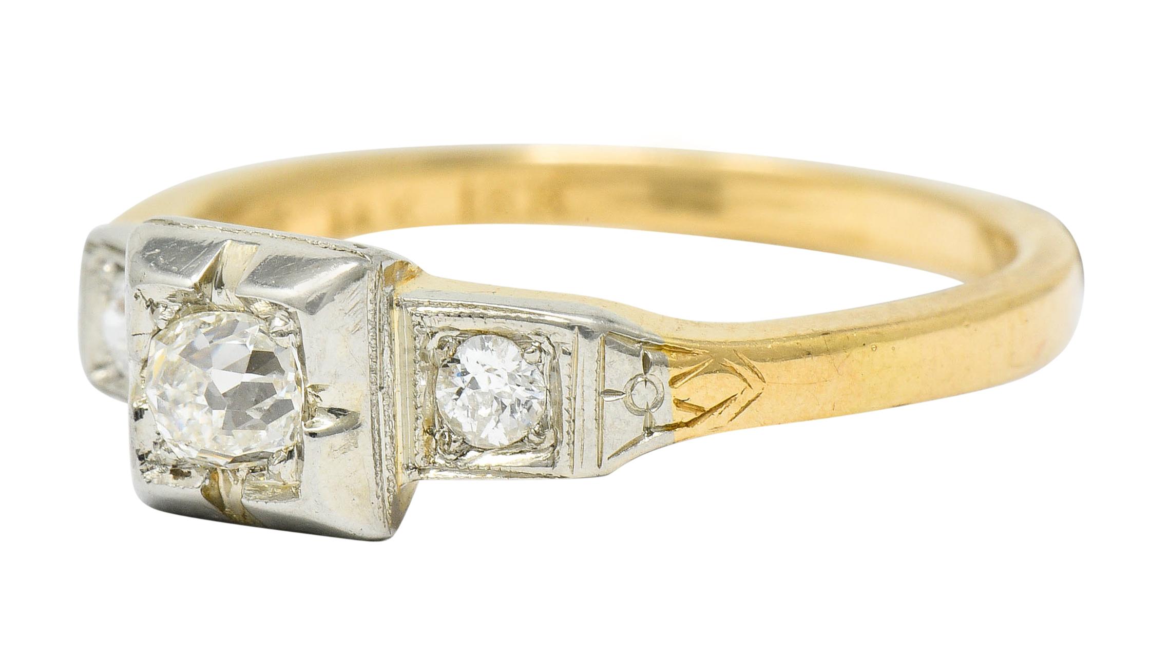Retro Old European Cut Diamond 14 Karat Two-Tone Gold Engagement Ring 2