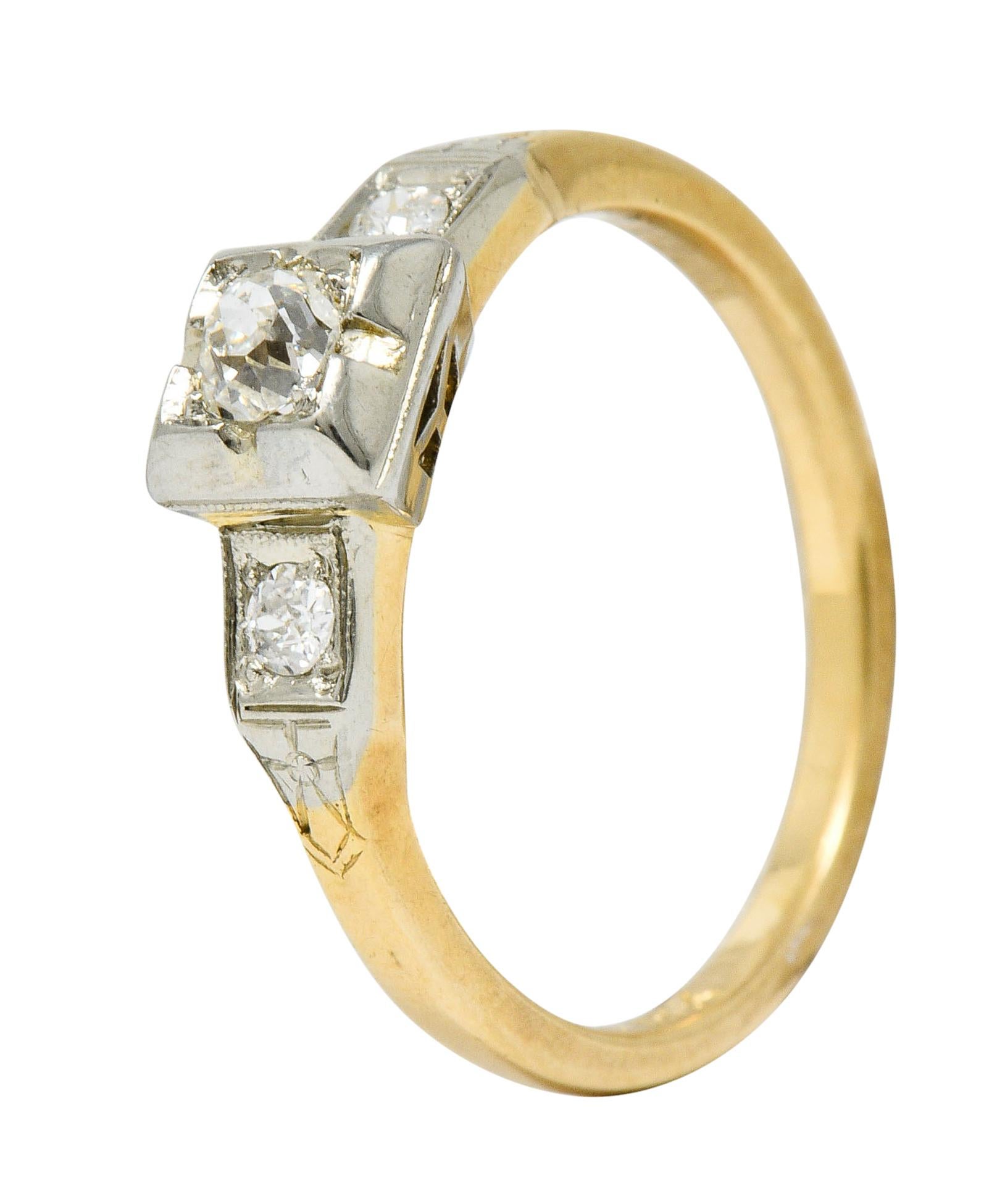 Retro Old European Cut Diamond 14 Karat Two-Tone Gold Engagement Ring 4