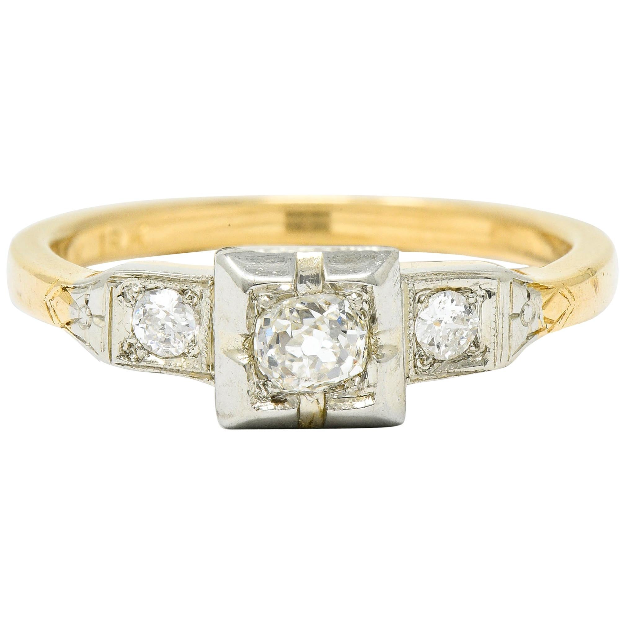 Retro Old European Cut Diamond 14 Karat Two-Tone Gold Engagement Ring