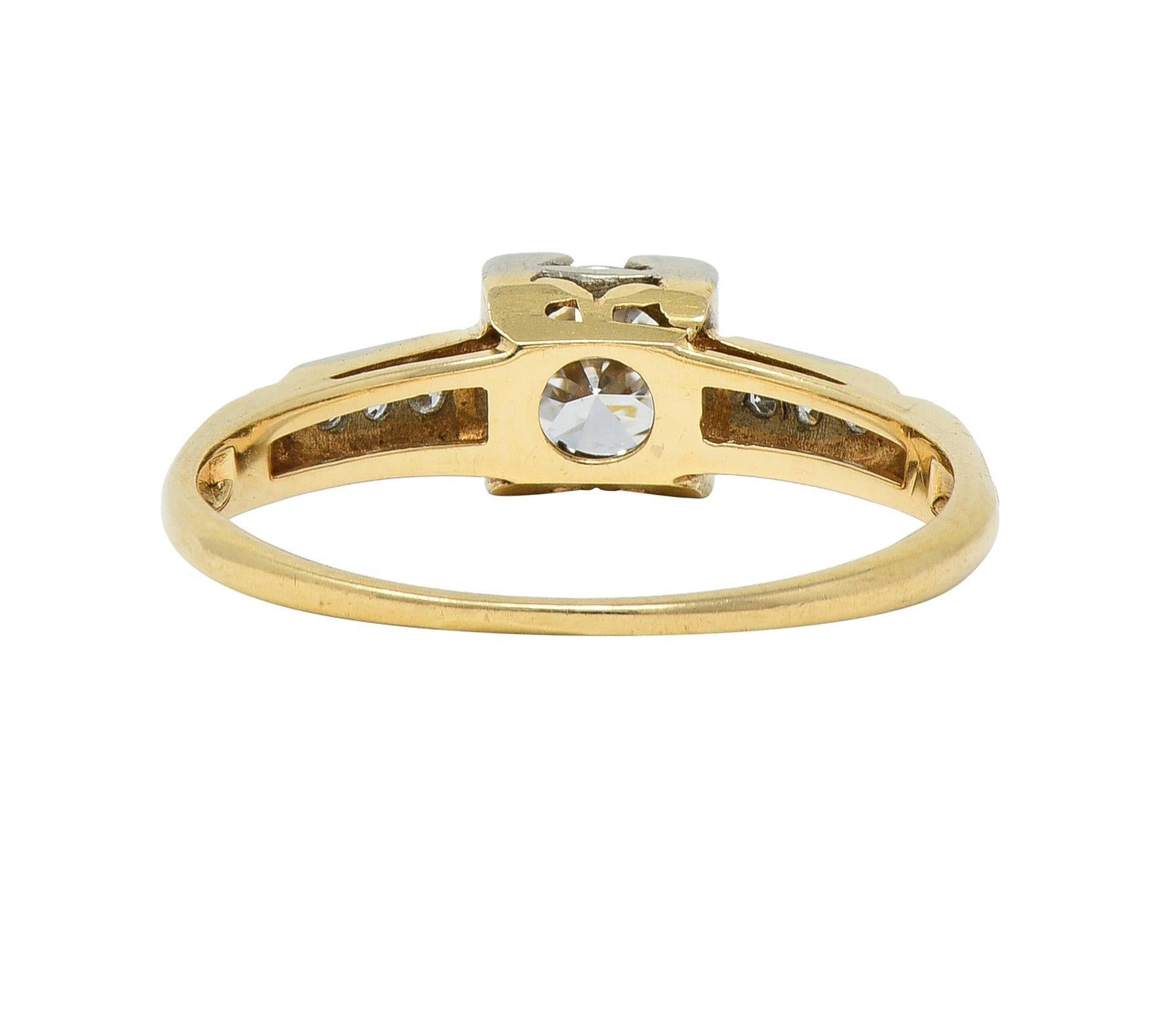 Women's or Men's Retro Old European Cut Diamond 14 Karat Two-Tone Gold Vintage Engagement Ring For Sale
