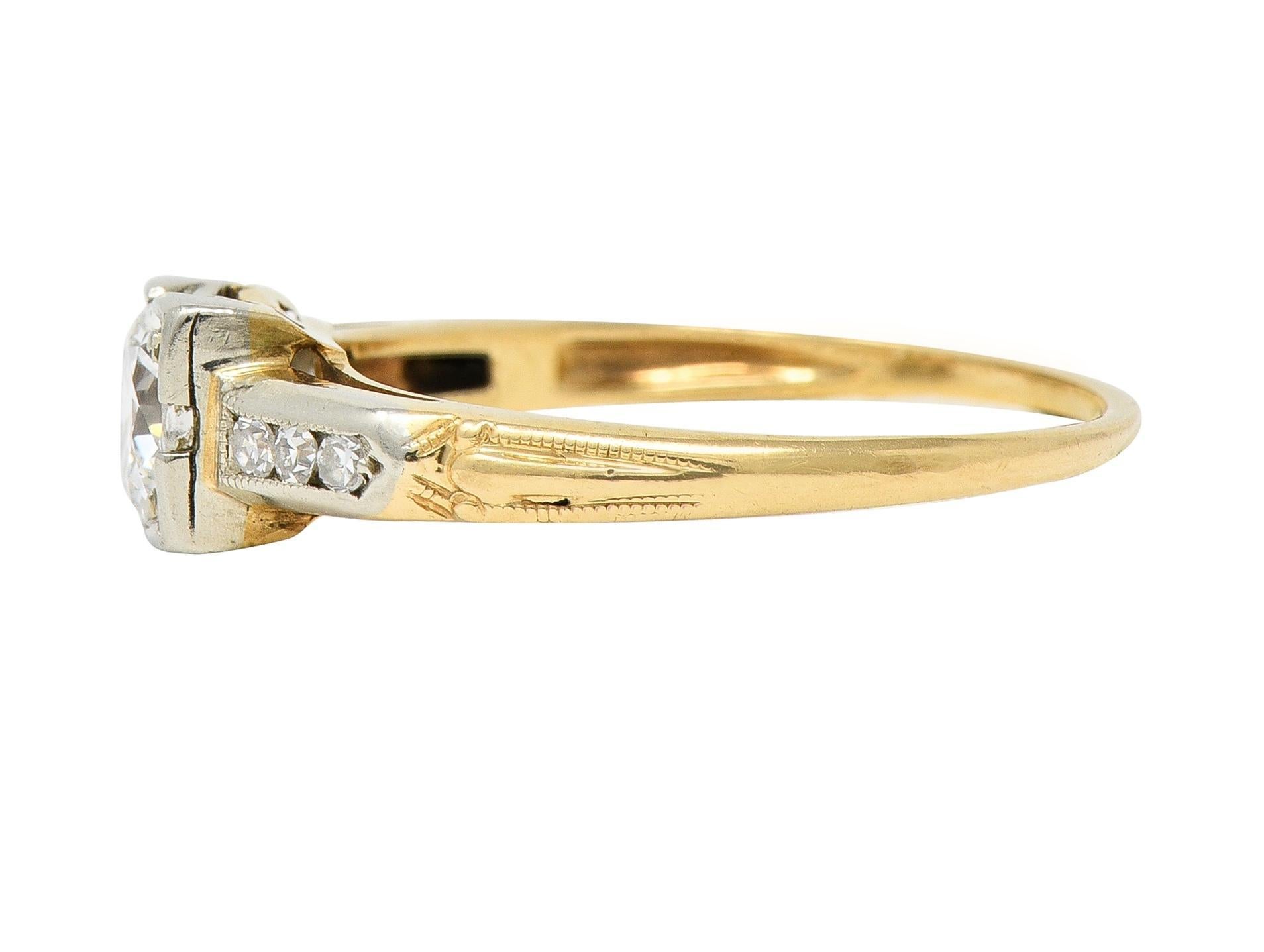 Retro Old European Cut Diamond 14 Karat Two-Tone Gold Vintage Engagement Ring For Sale 1