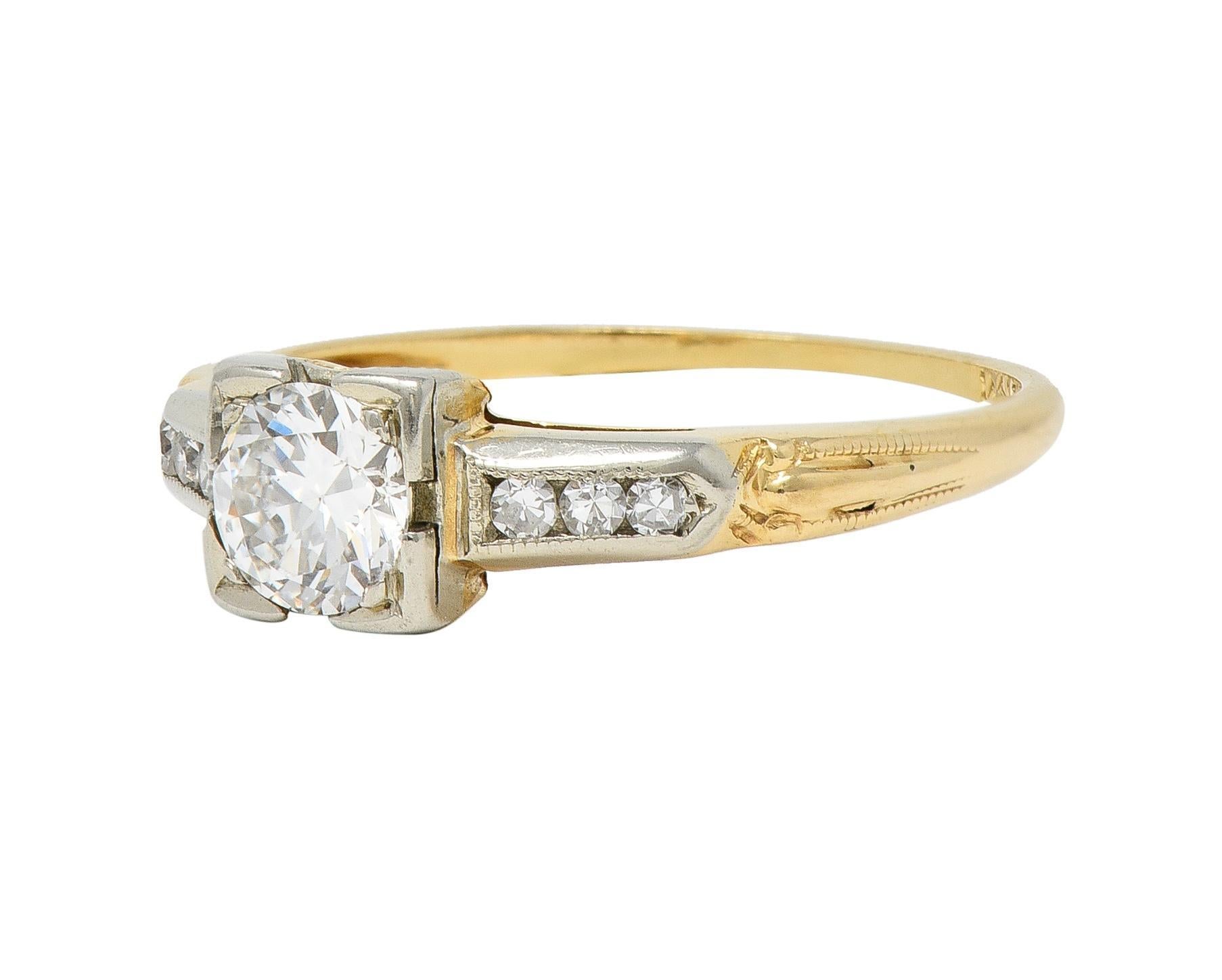 Bague de fiançailles rétro en or bicolore 14 carats avec diamant de taille européenne ancienne Unisexe en vente