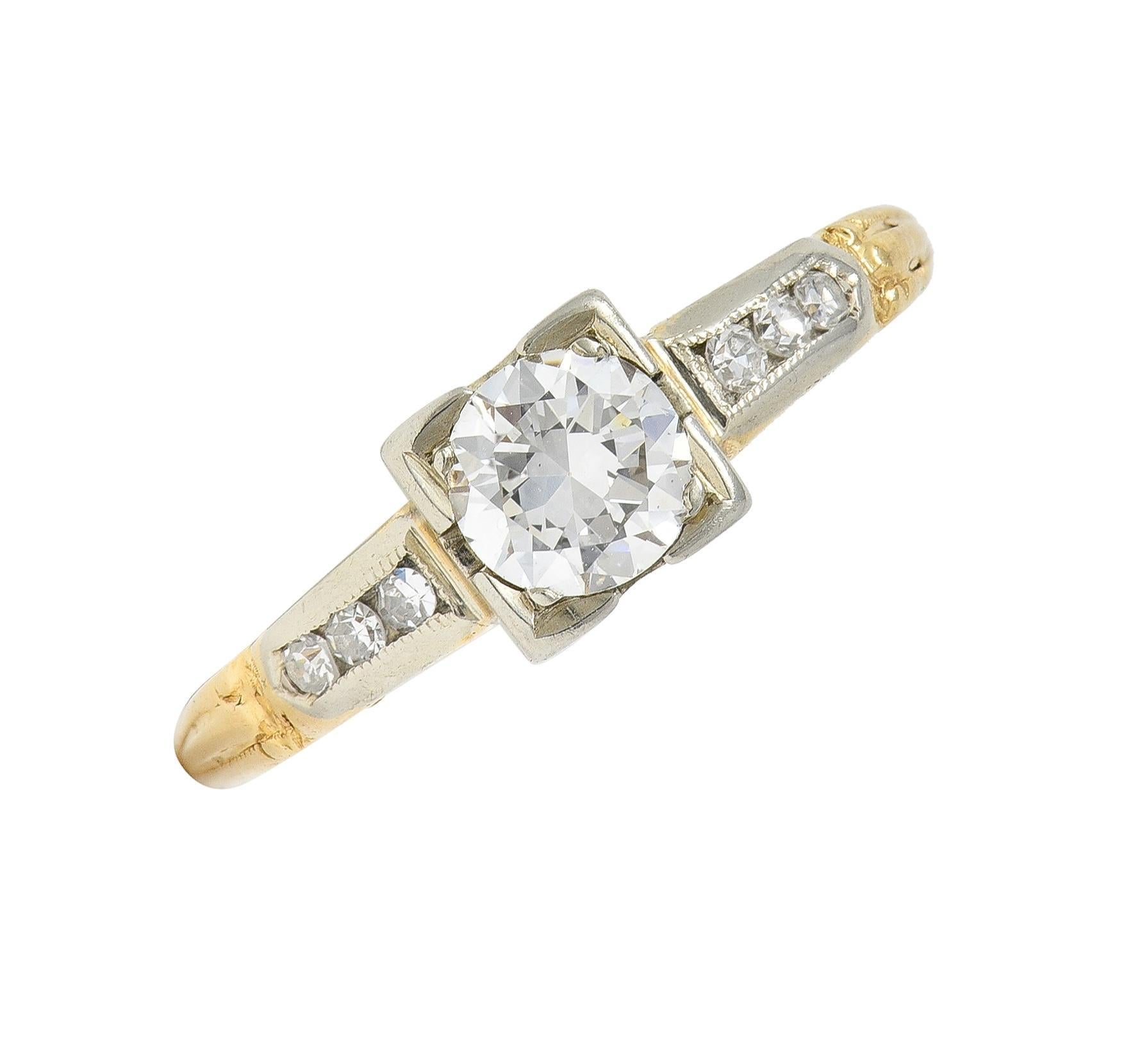 Bague de fiançailles rétro en or bicolore 14 carats avec diamant de taille européenne ancienne en vente 3