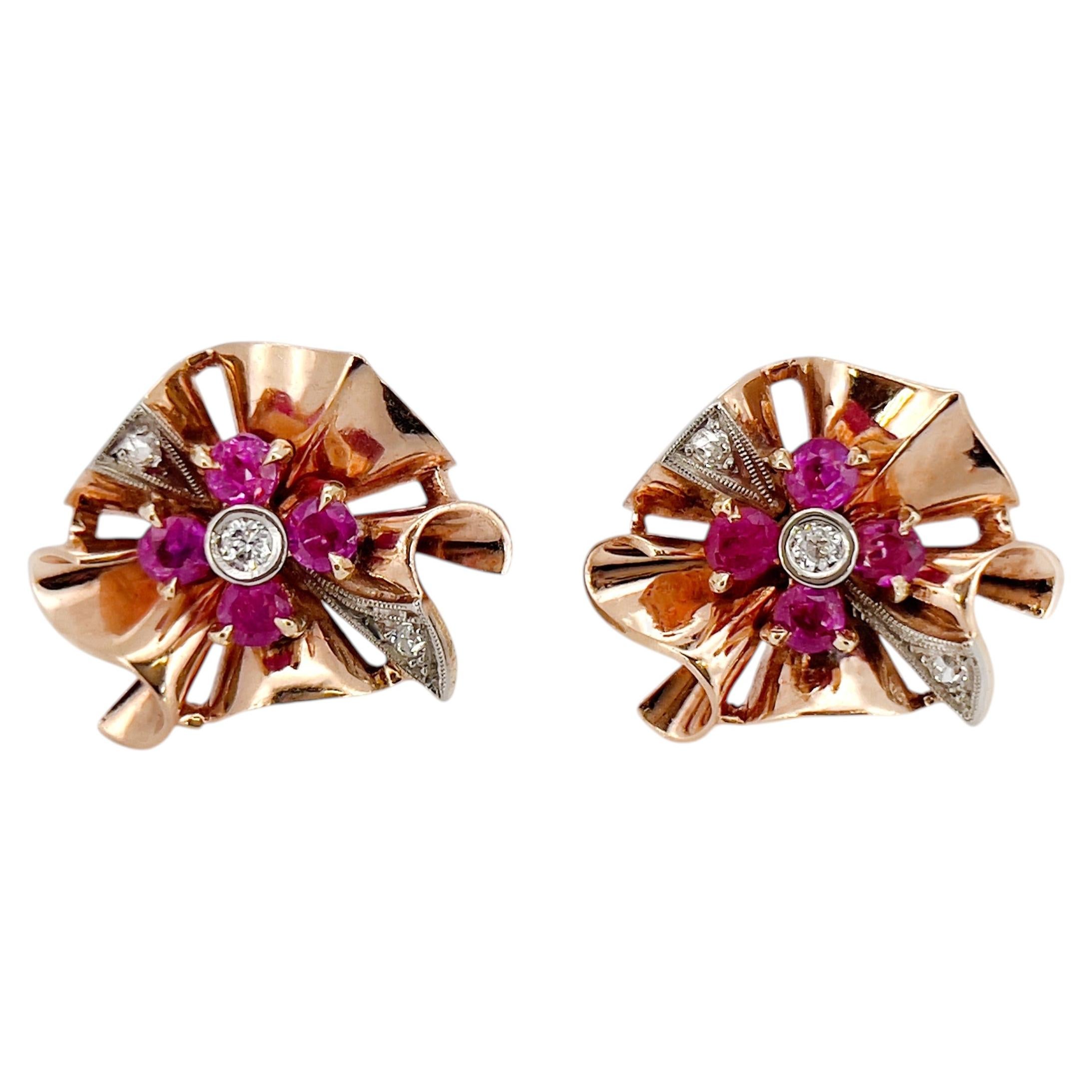 Retro 1940s Old European Cut Diamond & Ruby Boucles d'oreilles à vis, non percées