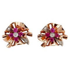 Retro 1940s Old European Cut Diamond & Ruby Screw Back Earrings, Non-Pierced
