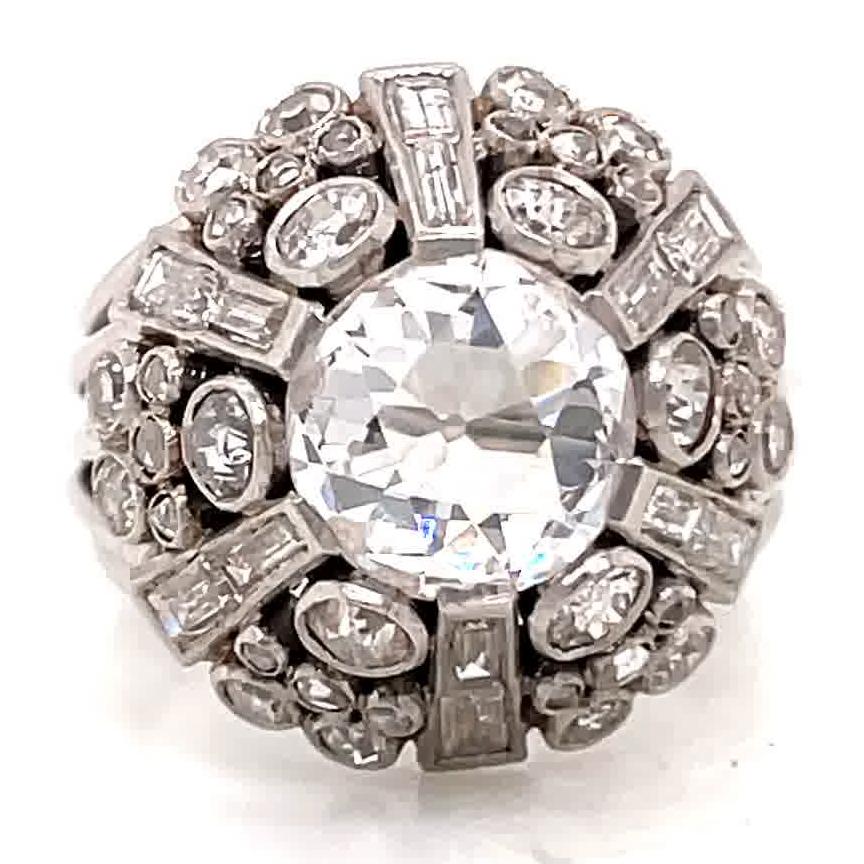 Retro GIA Old European Cut Diamond Platinum Dome Ring In Excellent Condition In Beverly Hills, CA