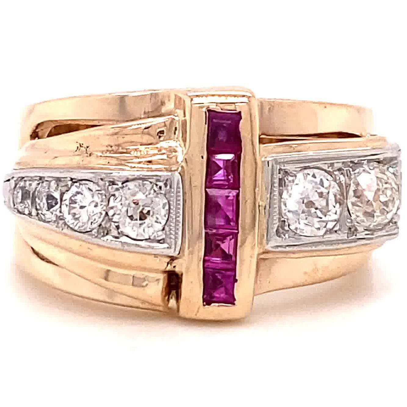 Retro Old European Cut Diamond Ruby 18 Karat Gold Ring In Excellent Condition In Beverly Hills, CA