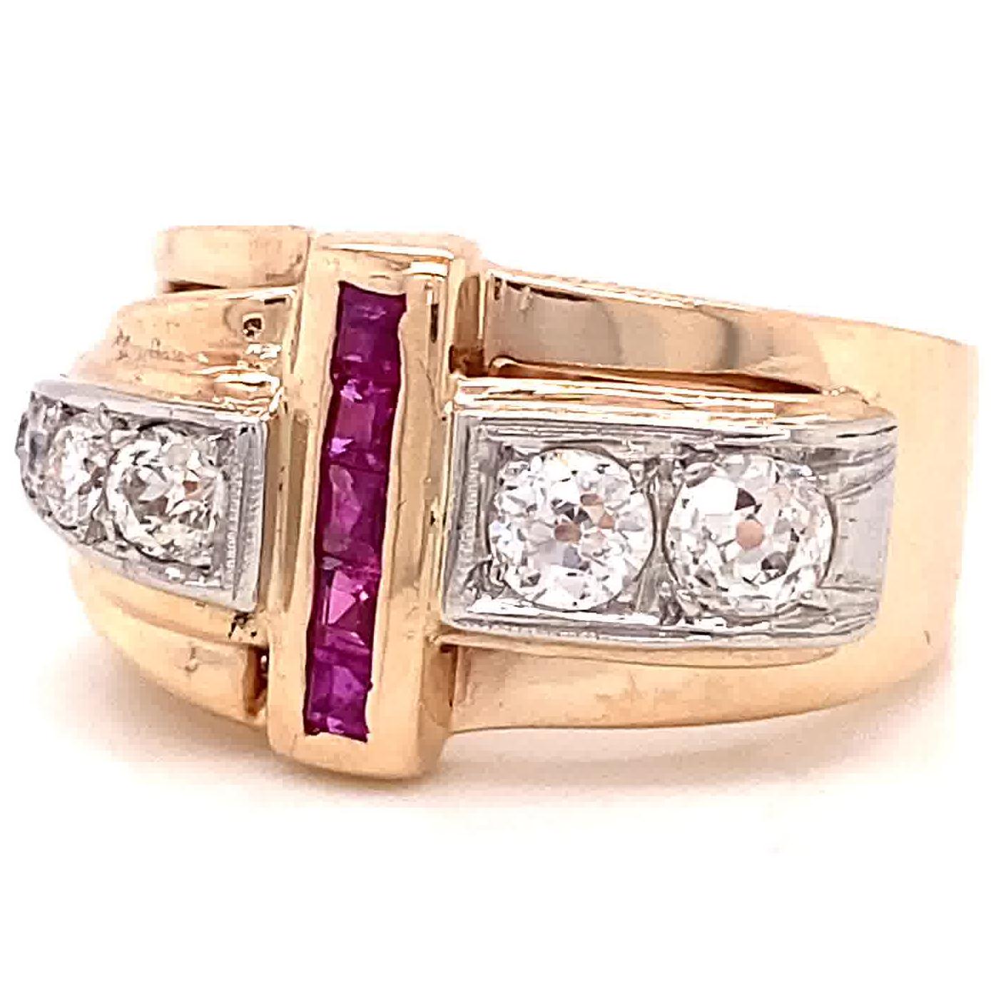 Women's Retro Old European Cut Diamond Ruby 18 Karat Gold Ring