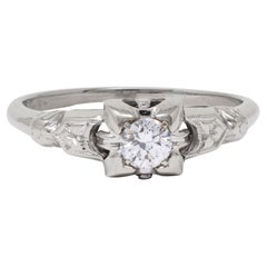 Retro Old European Diamond 18 Karat White Gold Vintage Buckle Engagement Ring