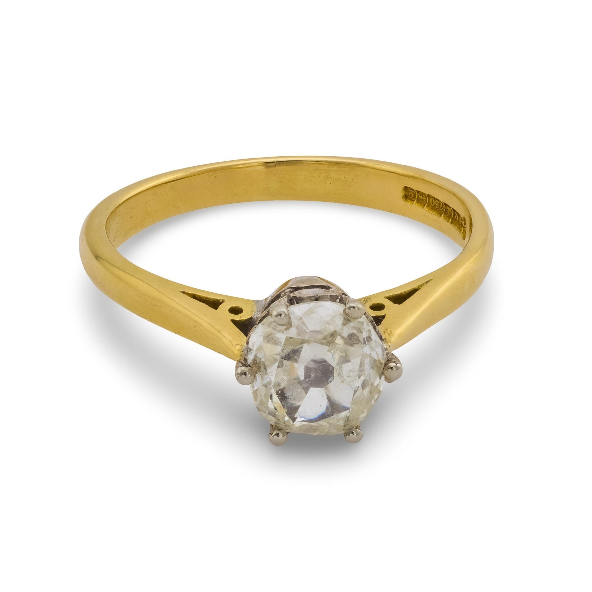 Retro alter Minenschliff 18k Gelbgold Solitär Verlobungsring (Alteuropäischer Brillantschliff) im Angebot