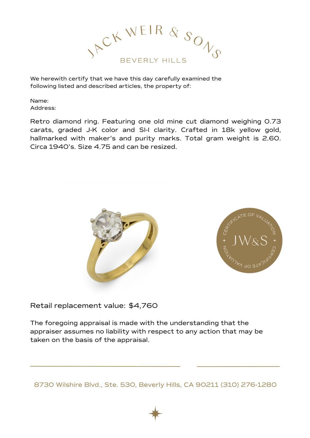 Retro alter Minenschliff 18k Gelbgold Solitär Verlobungsring im Angebot 3