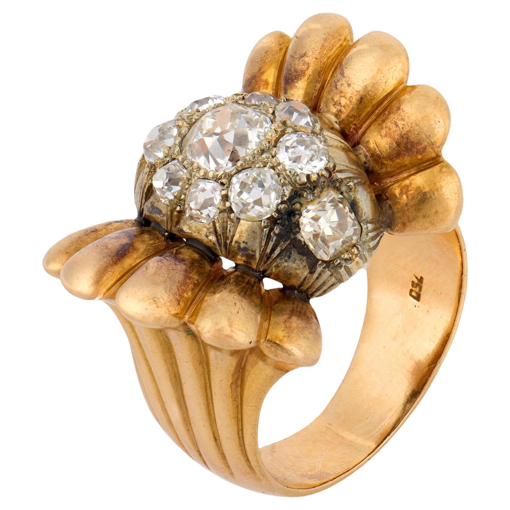 Bague rétro en or rose 18k avec diamant taille mine ancienne en vente