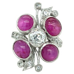 Vintage Old Mine Cut Diamond & Pink Cabochon Sapphire Platinum Ring 