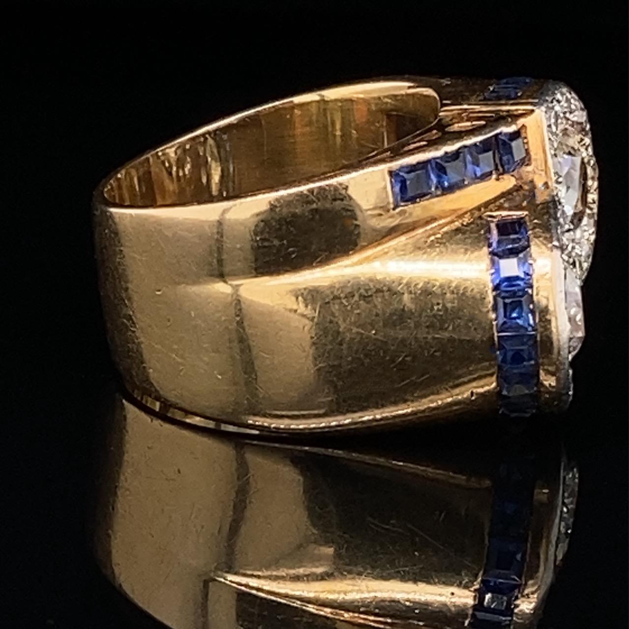 Women's or Men's Retro, Old Mine Diamond, Sapphire and Gold Toi-e-Moi Ring, French, ca. 1940s