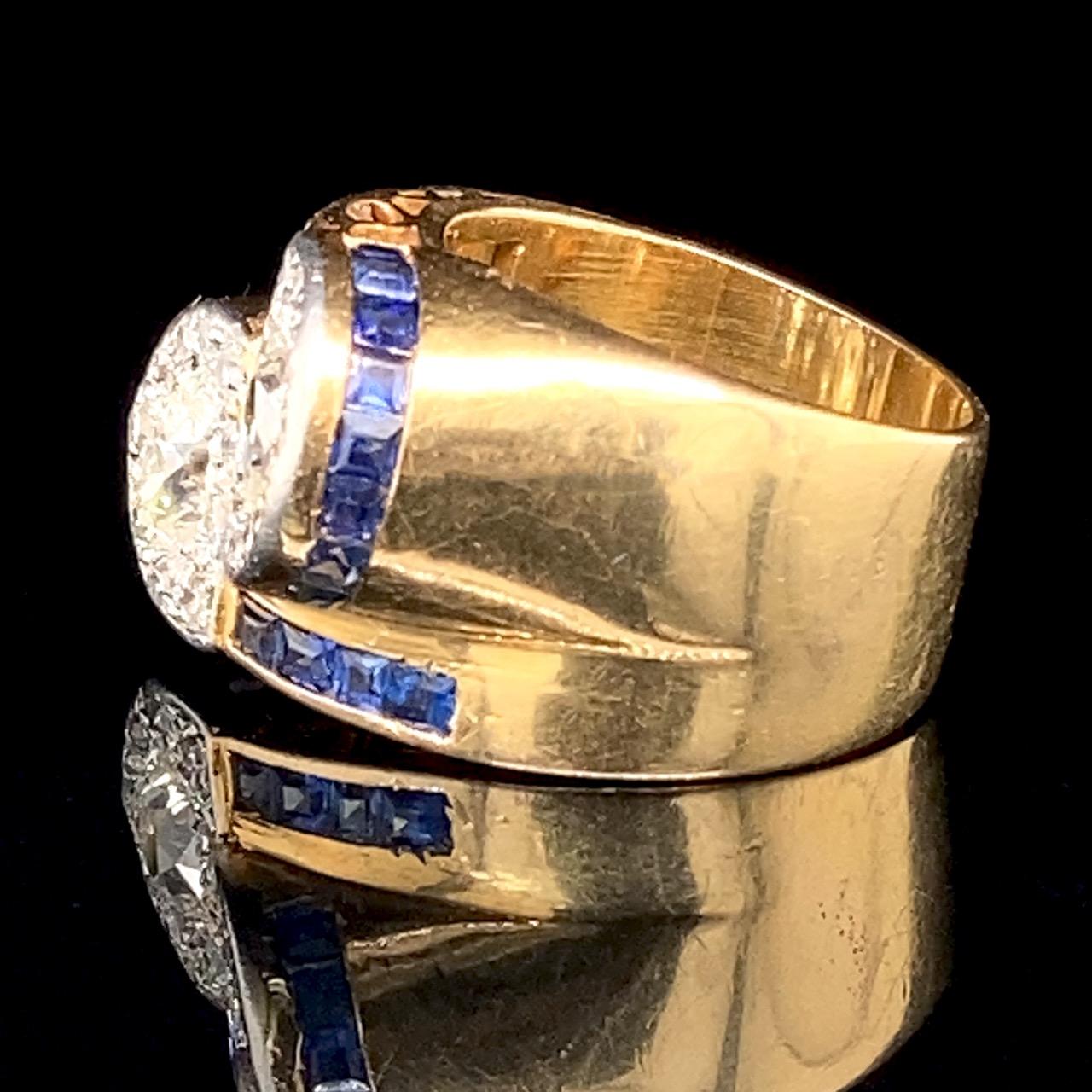Retro, Old Mine Diamond, Sapphire and Gold Toi-e-Moi Ring, French, ca. 1940s 2