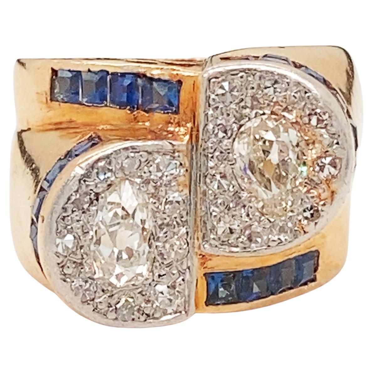 Retro, Old Mine Diamond, Sapphire and Gold Toi-e-Moi Ring, French, ca. 1940s