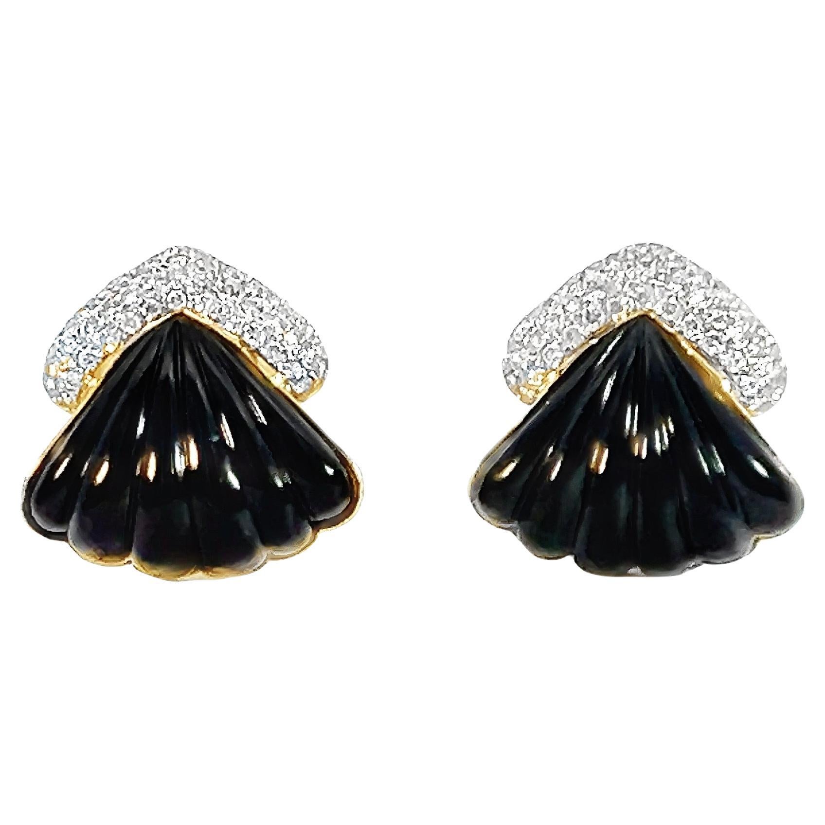 Retro Onyx Diamond Clip-On Lever-Back Seashell Earrings