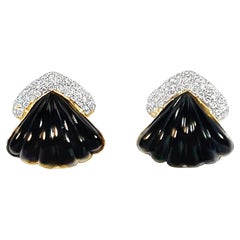 Retro Onyx Diamond Clip-On Lever-Back Seashell Earrings