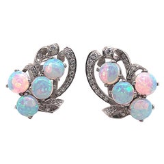 Retro Opal and Diamond Platinum Clip Earrings, Circa 1950