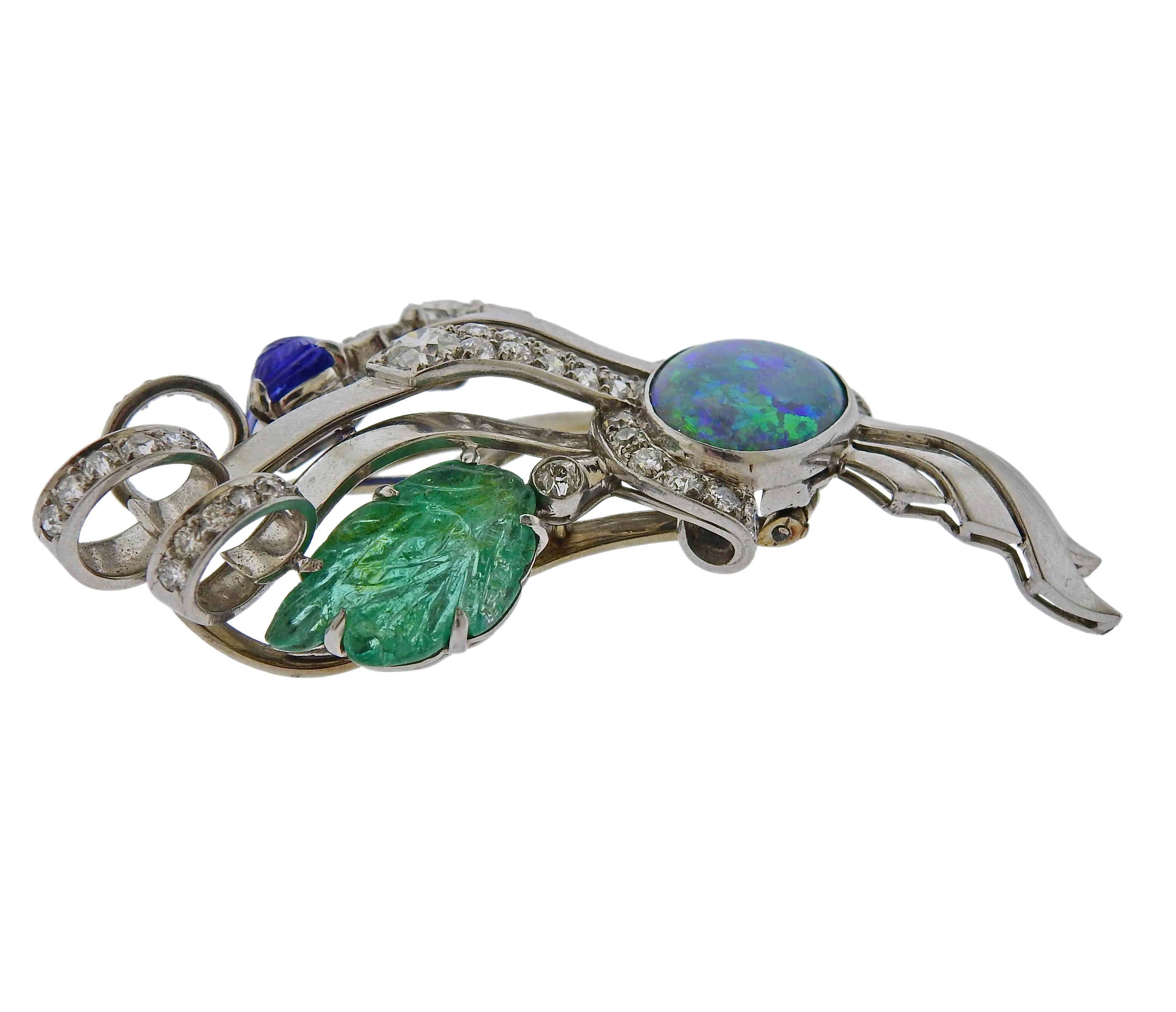 Retro Opal Carved Emerald Sapphire Diamond Platinum Brooch In Excellent Condition For Sale In New York, NY