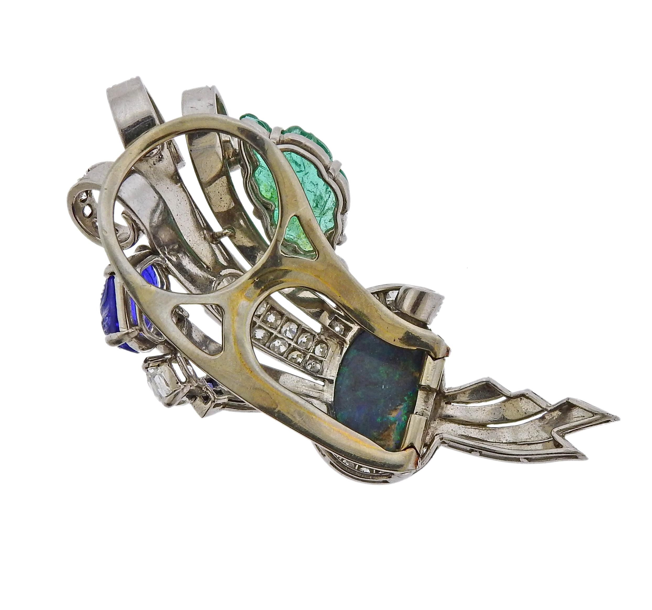Women's Retro Opal Carved Emerald Sapphire Diamond Platinum Brooch For Sale