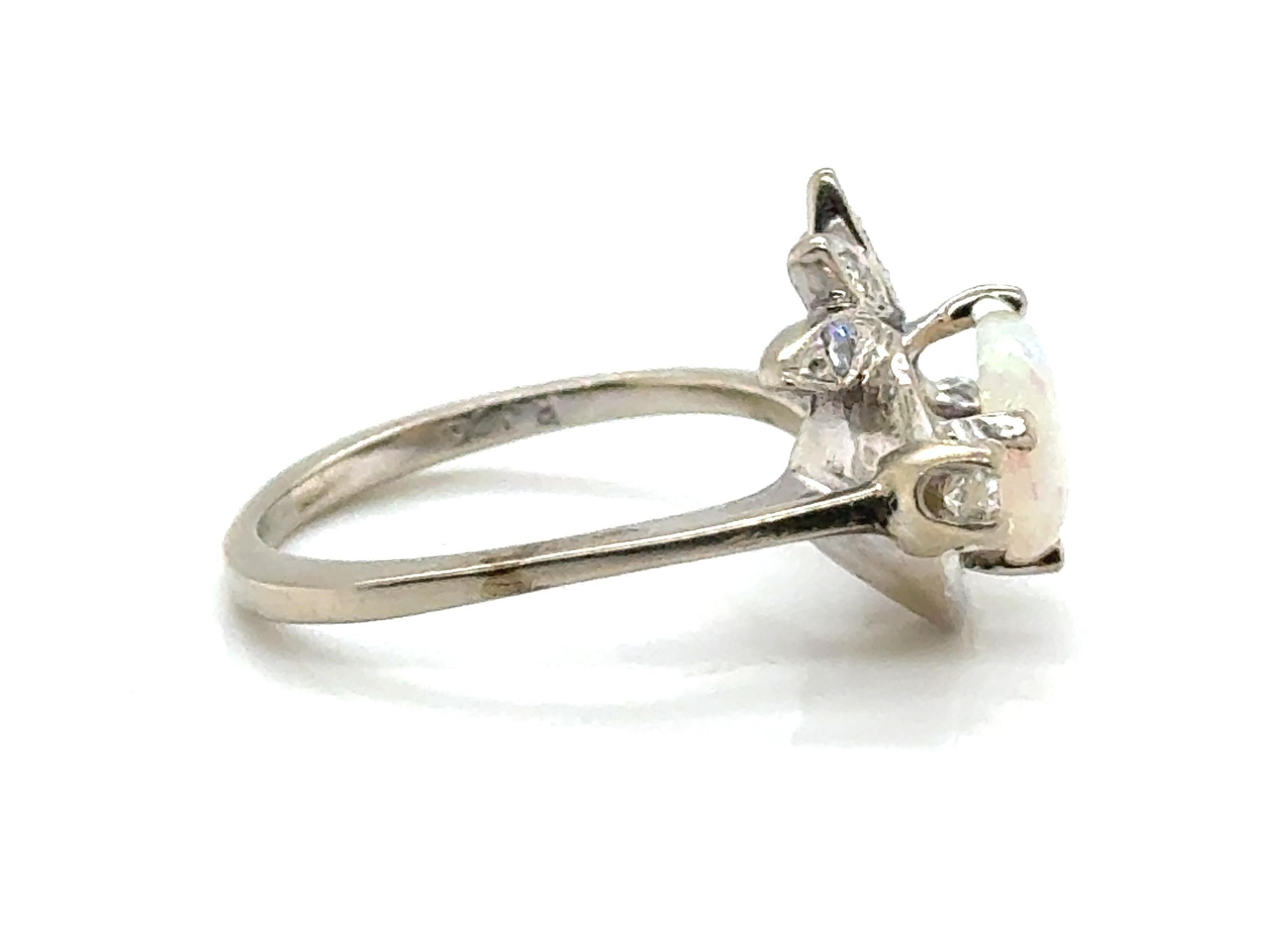 Retro Opal Diamond Cocktail Ring .30ct Antique Original 1960's 14K White Gold In Excellent Condition For Sale In Dearborn, MI