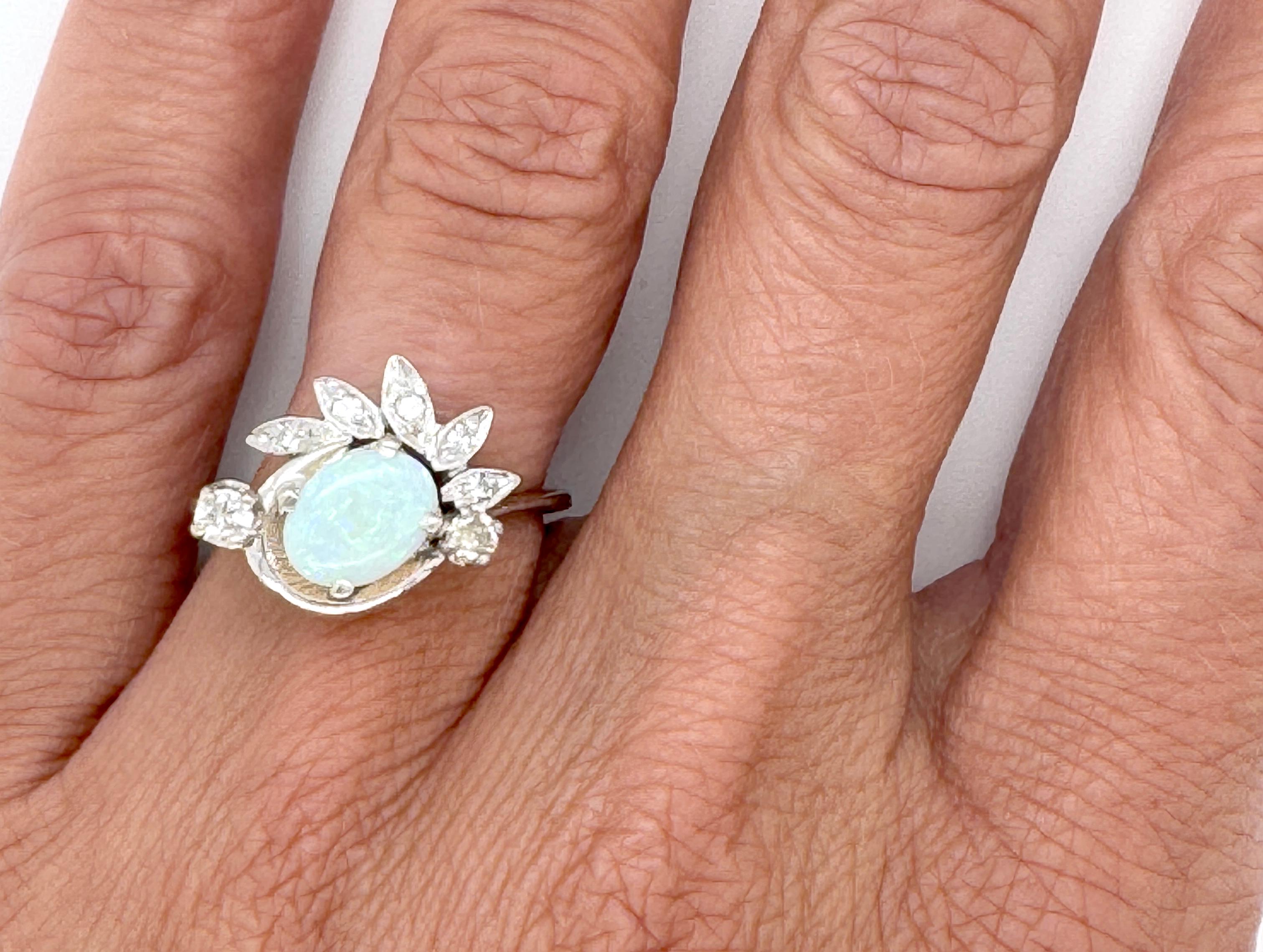 Retro Opal Diamond Cocktail Ring .30ct Antique Original 1960's 14K White Gold For Sale 2