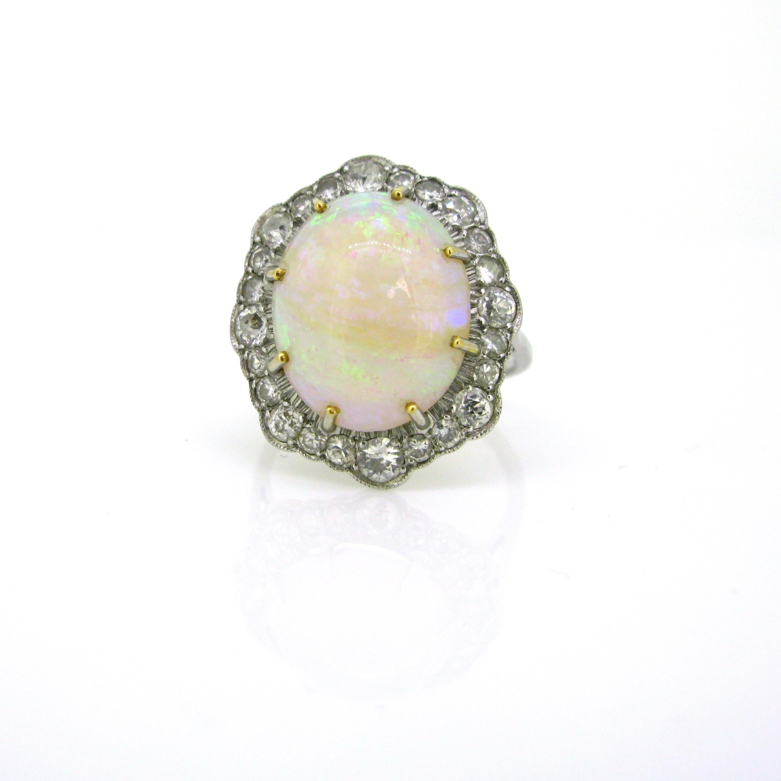 Retro Opal Diamonds Platinum Cocktail Daisy Cluster Ring In Good Condition In London, GB