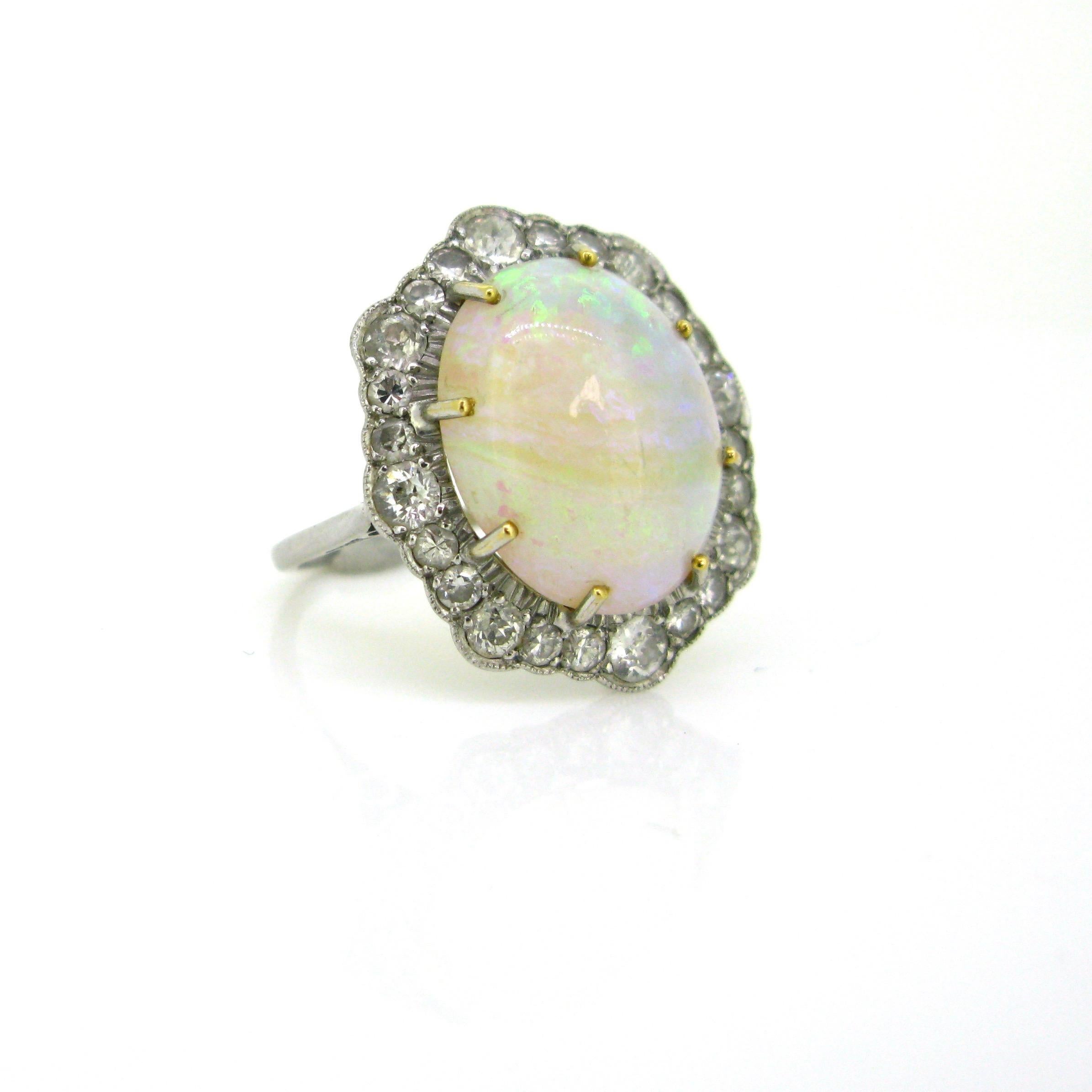 Women's or Men's Retro Opal Diamonds Platinum Cocktail Daisy Cluster Ring