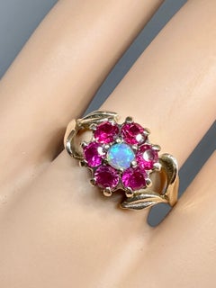 Retro Opal Ruby Flower Ring Antique Wedding Engagement Cocktail Ring Rose Gold