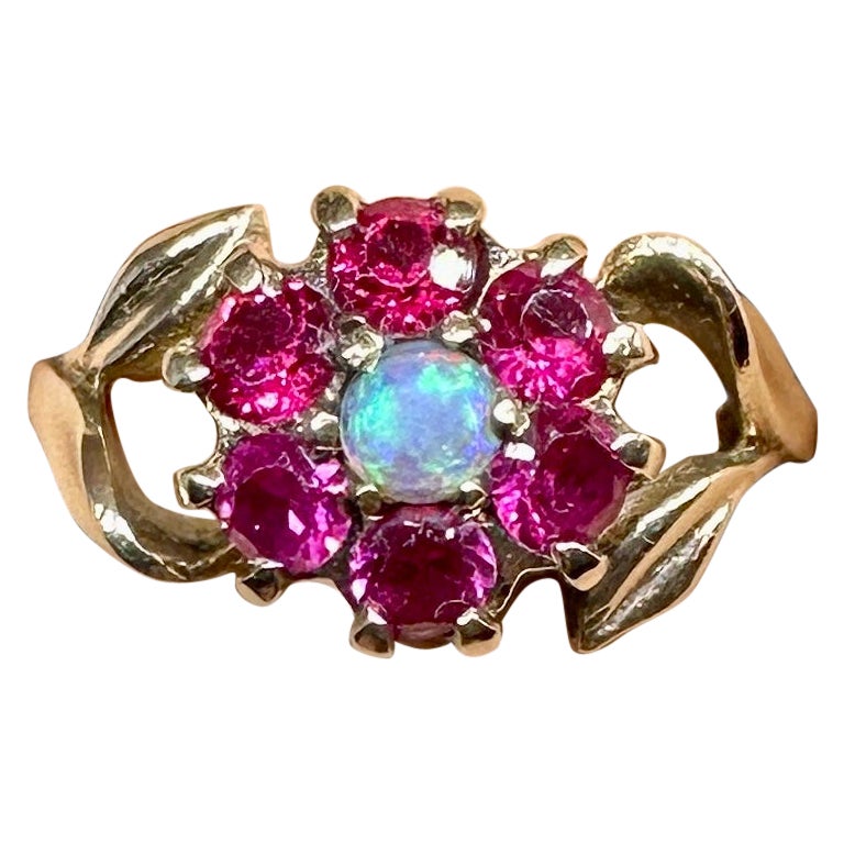 Retro Opal Ruby Flower Ring Antique Wedding Engagement Cocktail Ring Rose Gold For Sale